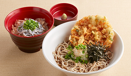 野菜かき揚げのぶっかけおろしそばと釜揚げしらす丼