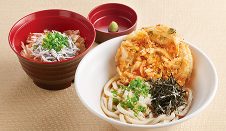 野菜かき揚げのぶっかけおろしうどんと釜揚げしらす丼