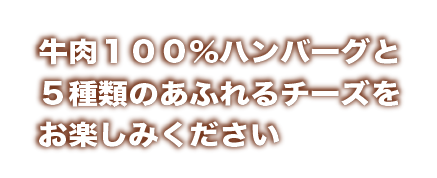 牛肉100%ハンバーグと5種類のあふれるチーズをお楽しみください”_横書き